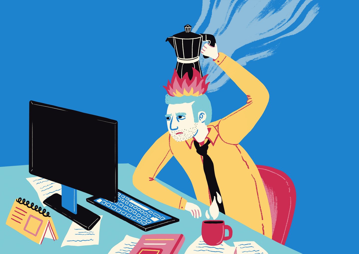 a man sitting on a desk with a coffee pot heating over his head