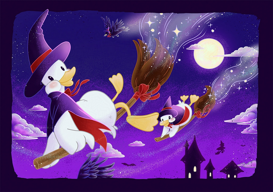 Duck witches flying on magic broomsticks over a purple night sky with a full moon.