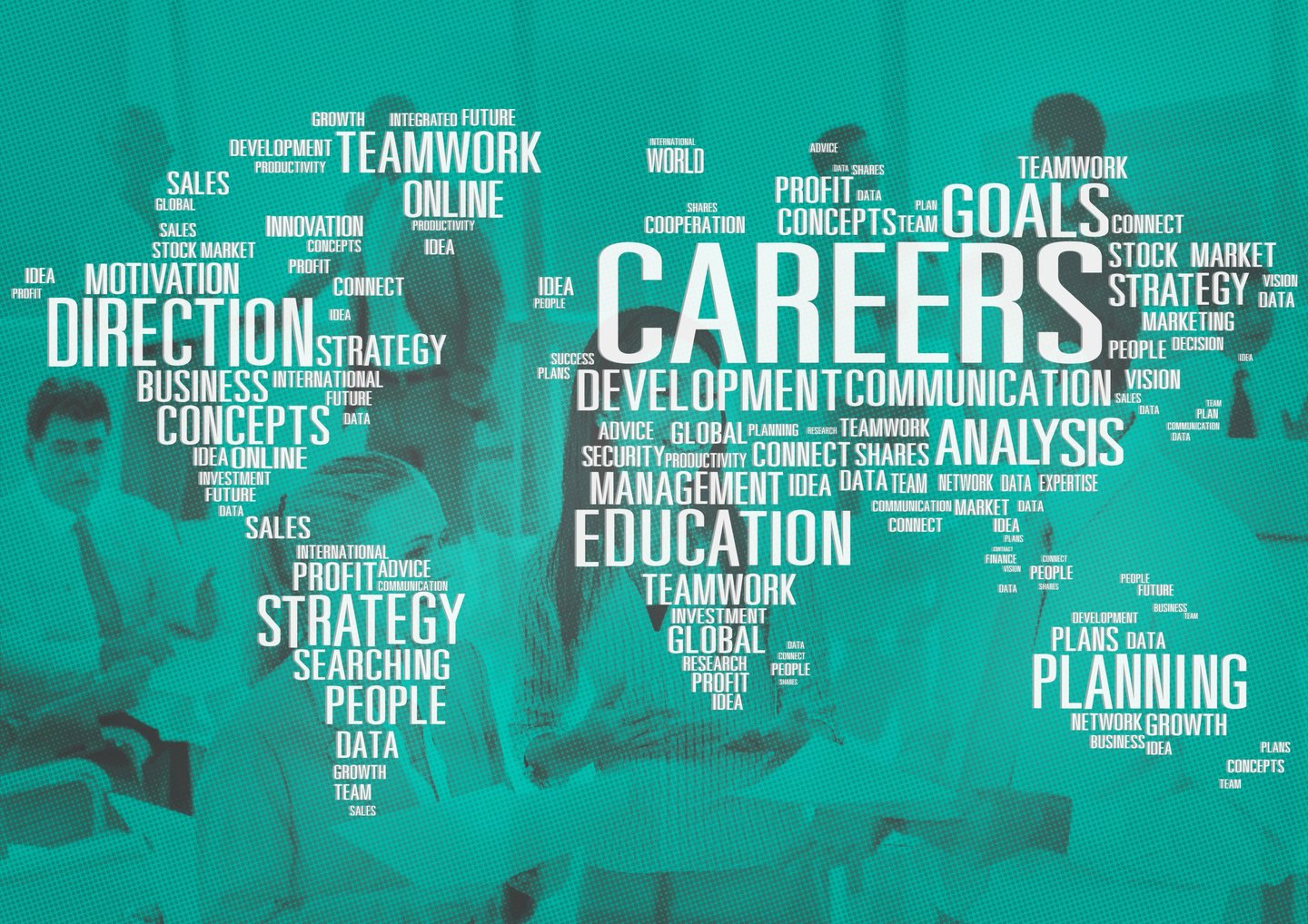 Professional business career word cloud with silhouettes of people and teal office background.