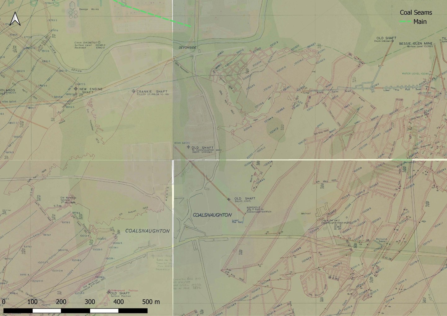 Georeferenced mine abandonment plan showing workings in Coalsnaughton Main