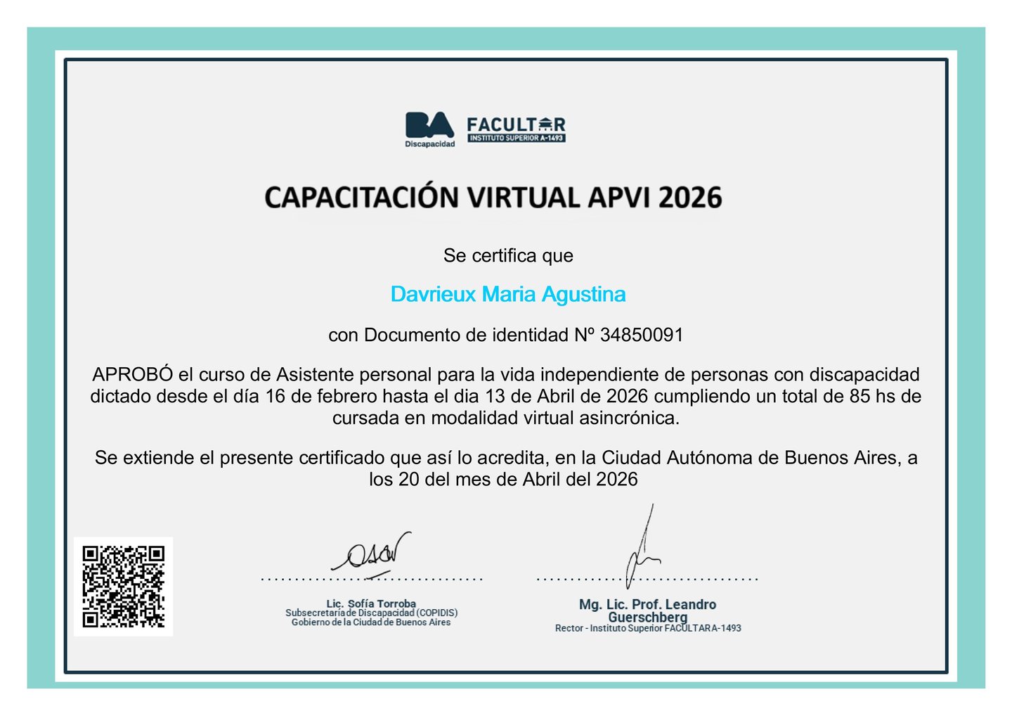 Certificado del curso de Asistente personal para la vida independiente