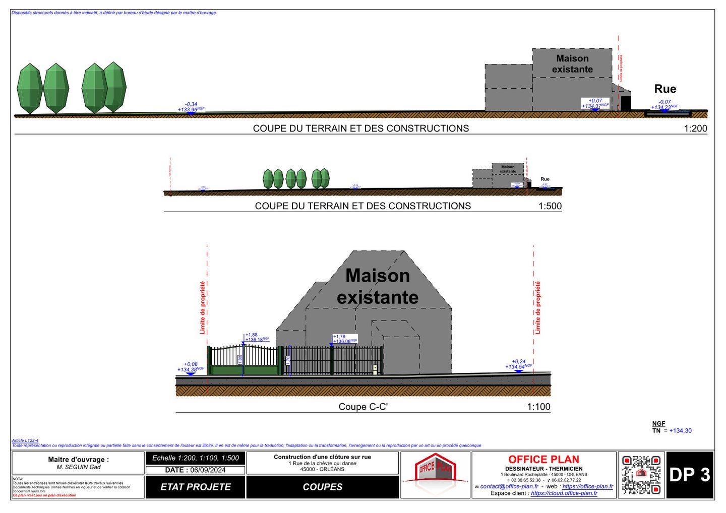 DP3 - plan de coupe - clôture - déclaration prealable - office-plan orléans
