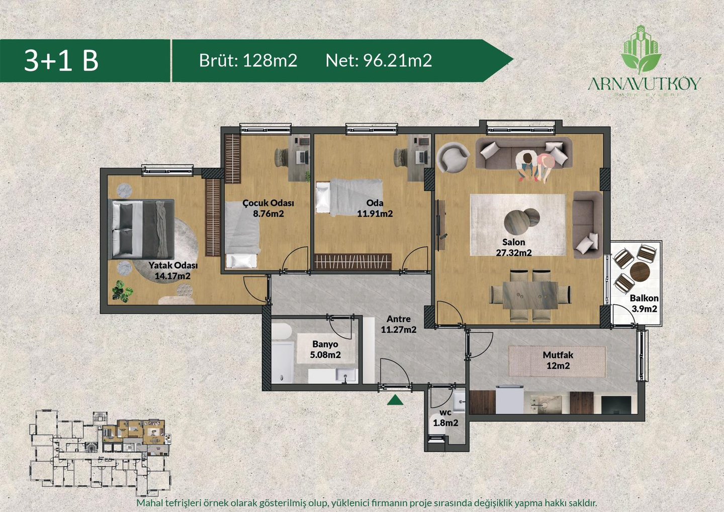 Arnavutköy Park Evleri 3+1 B planı - Hasat İnşaat satılık daire