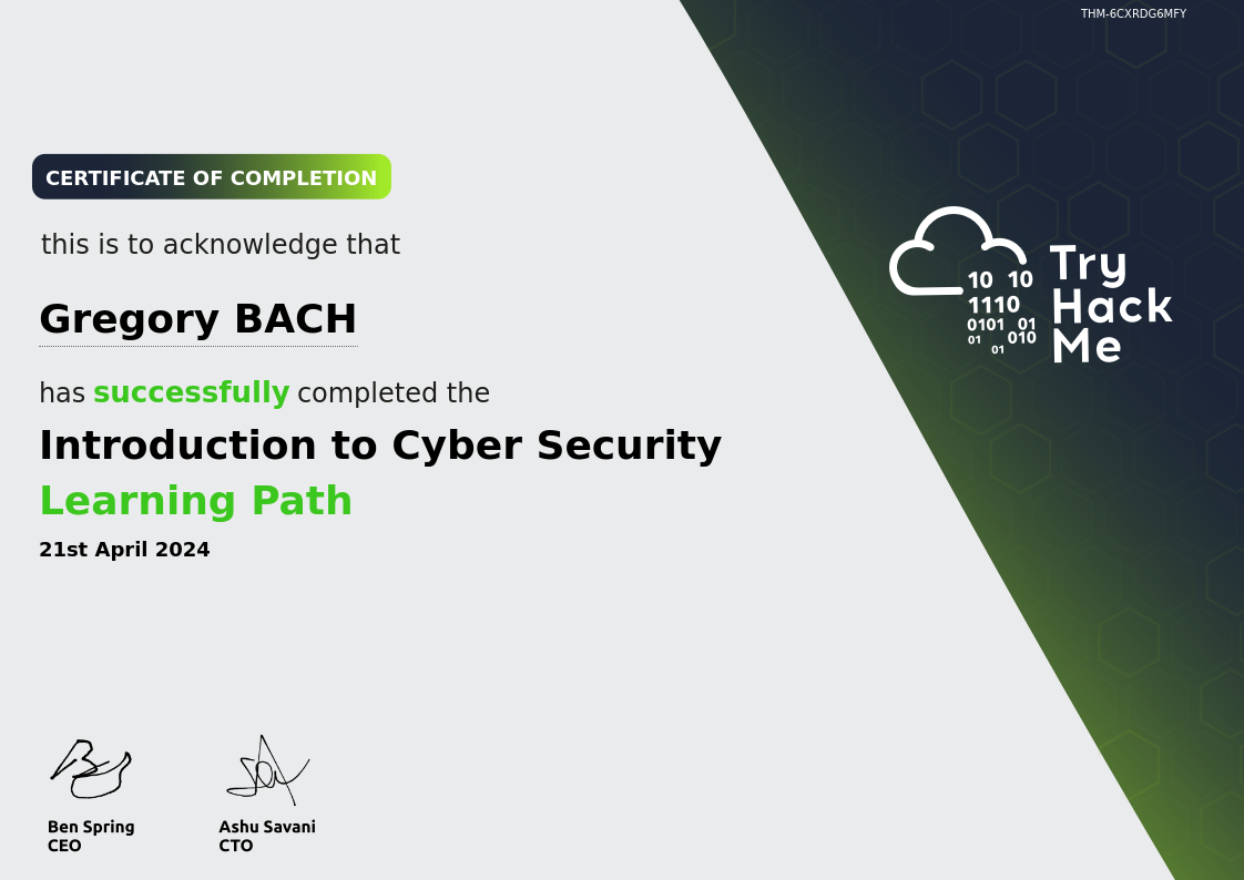 try hack me - intro to cyber security certification