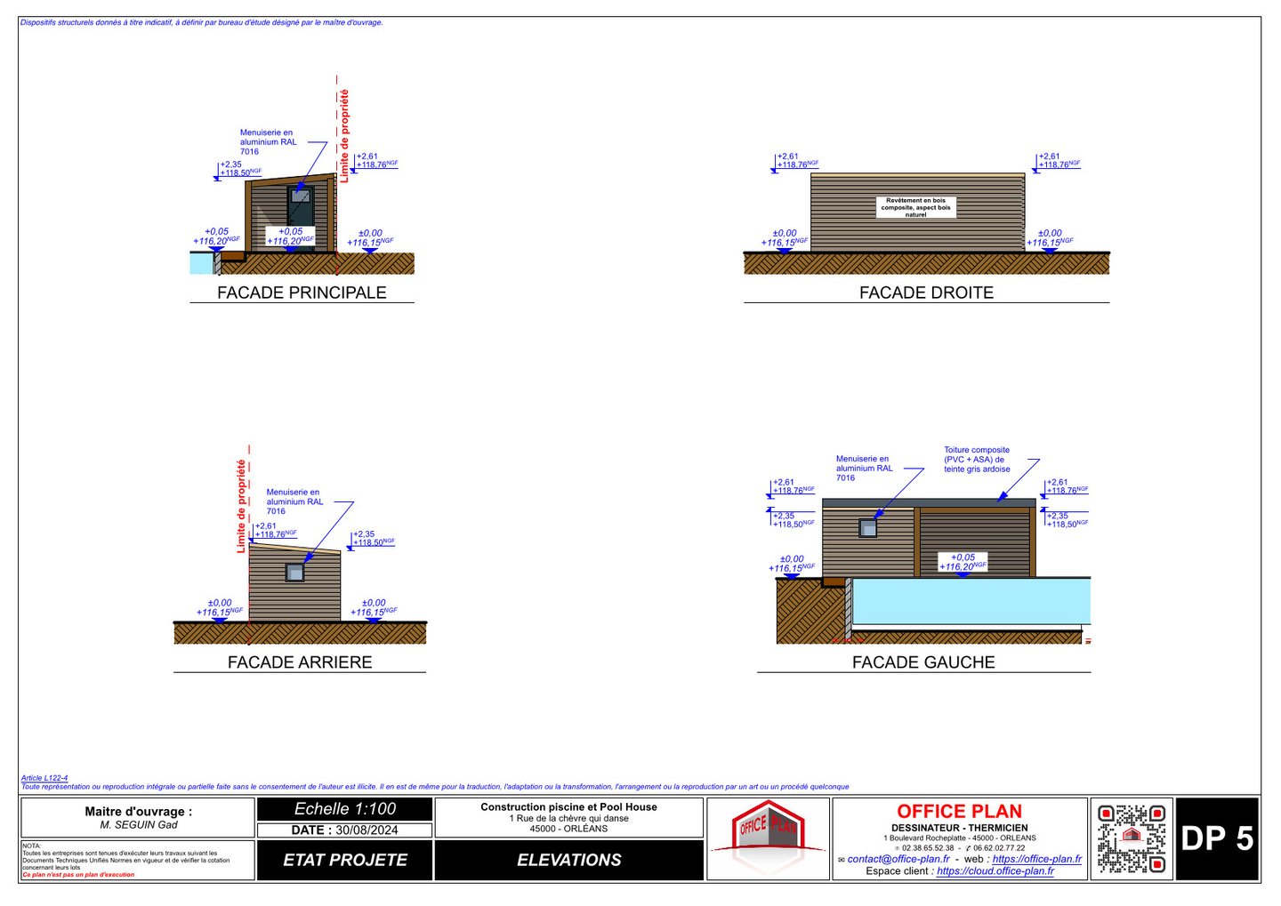DP4 - plan de façade - toiture - piscine - déclaration prealable - office-plan orléans