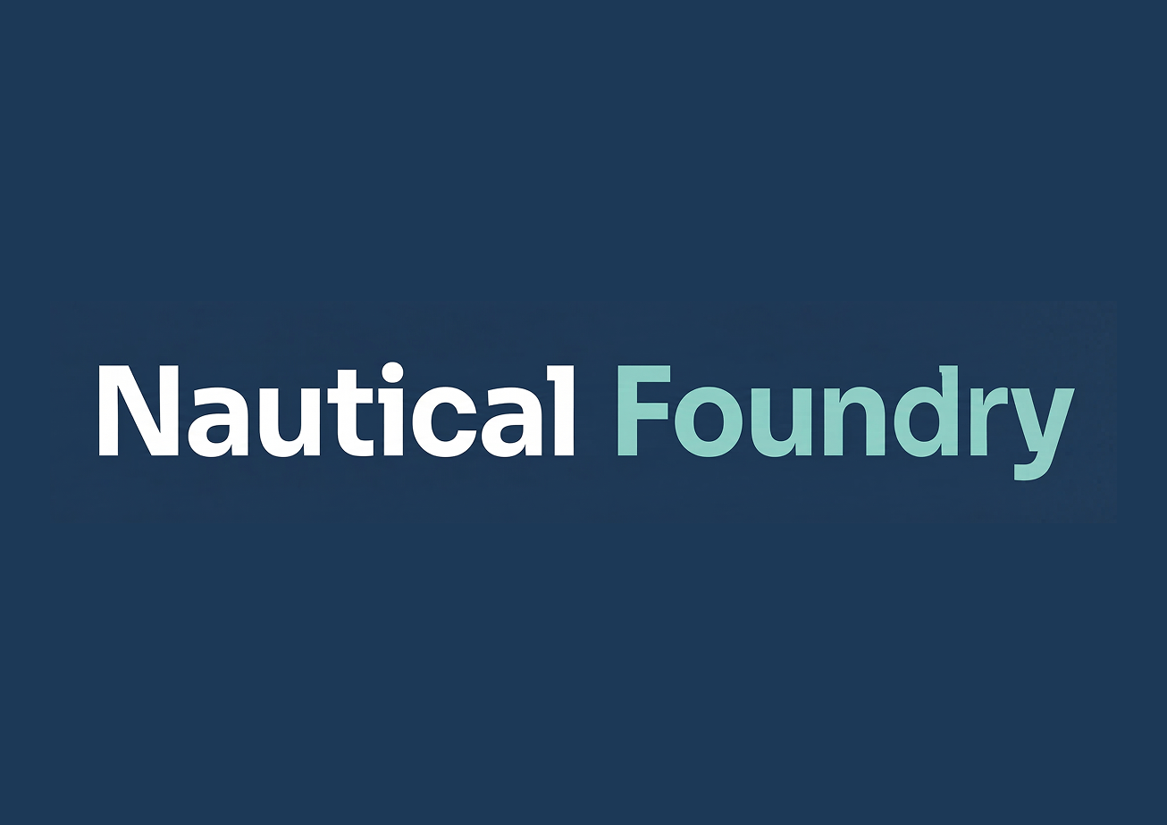 Nautical Foundry logo, featuring the word "Nautical" in white and "Foundry" in teal against a dark blue background.