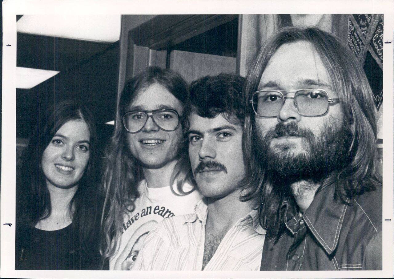 Disc jockeys at WCMF, Rochester, NY. Late 197. Suzanne King, Paulus, Chuck Ingersoll, Bernie Kimble.