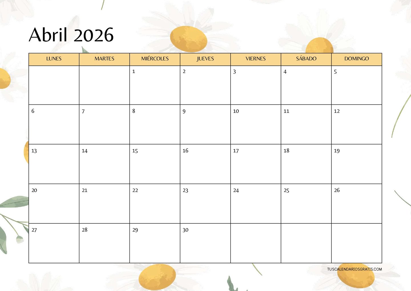 Calendario abril 2026 floral horizontal para imprimir con diseño de flores elegante y fondo claro