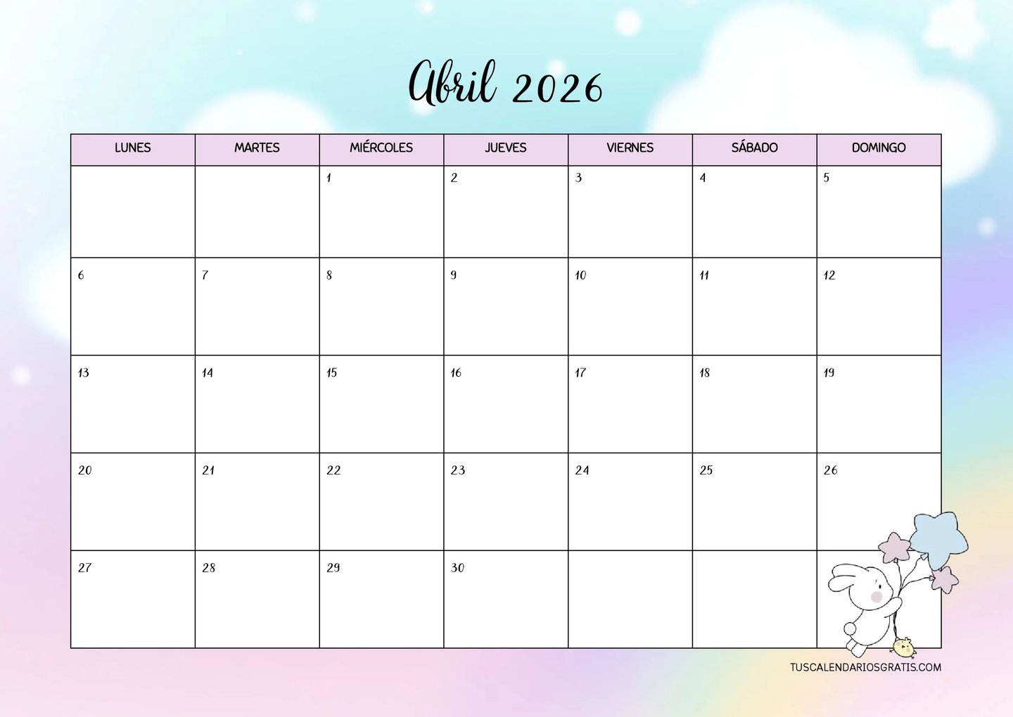 Calendario abril 2026 kawaii horizontal con fondo de nubes azules y rosas y conejito con estrellas p