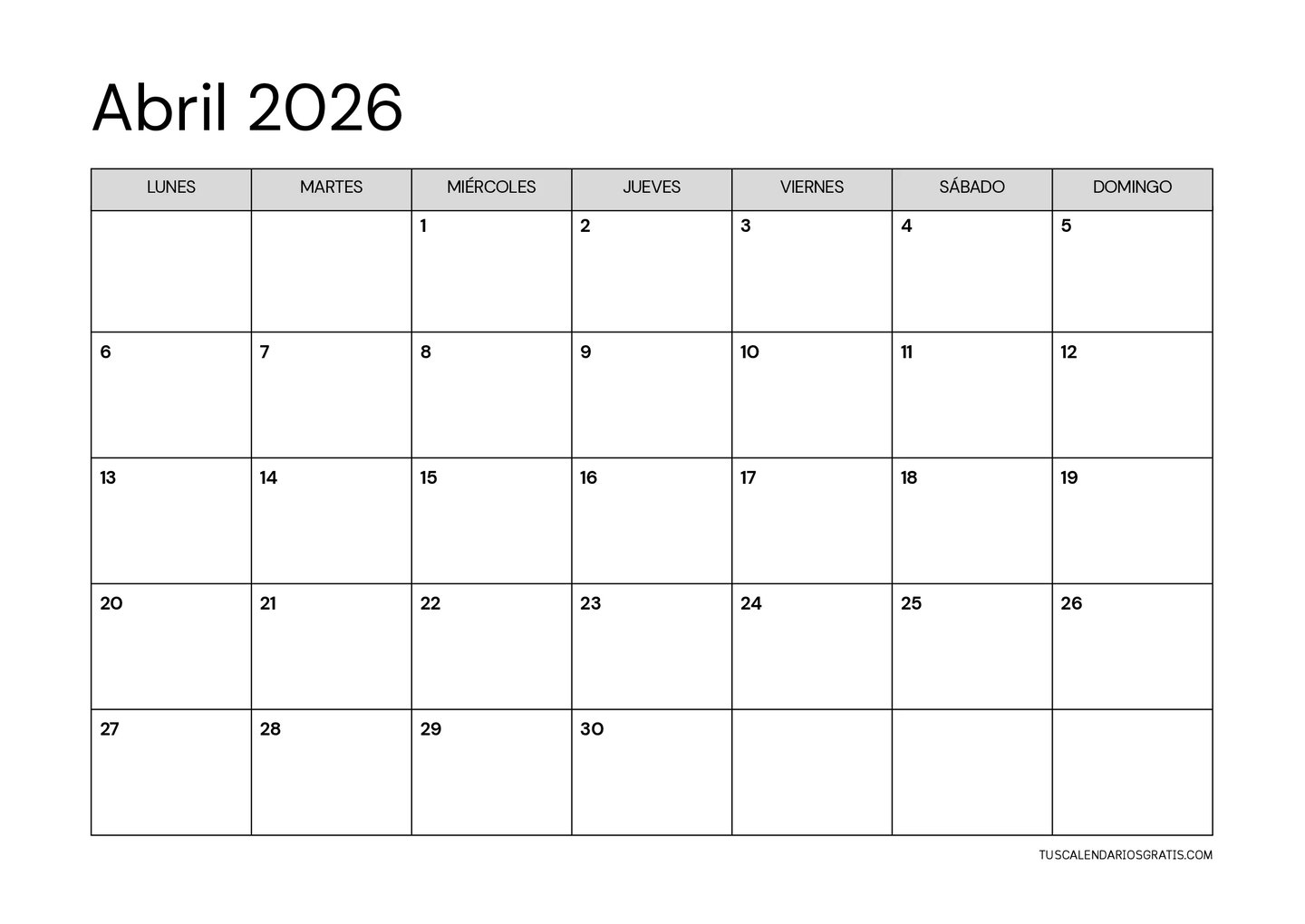 Calendario abril 2026 minimalista horizontal imprimible con diseño limpio y organizado