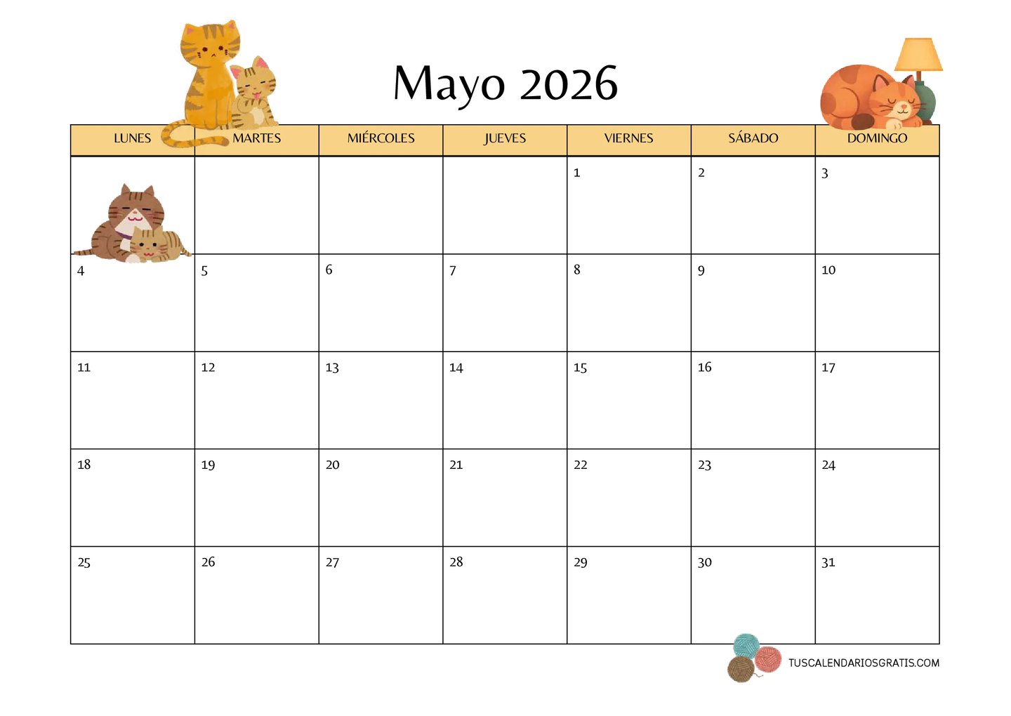 Calendario mayo 2026 horizontal con diseño de gatos bonito para imprimir gratis en A4