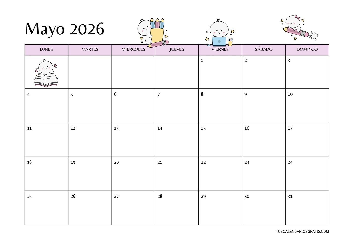 Calendario mayo 2026 con diseño kawaii y personajes adorables. fondo blanco y tonos rosas para impri