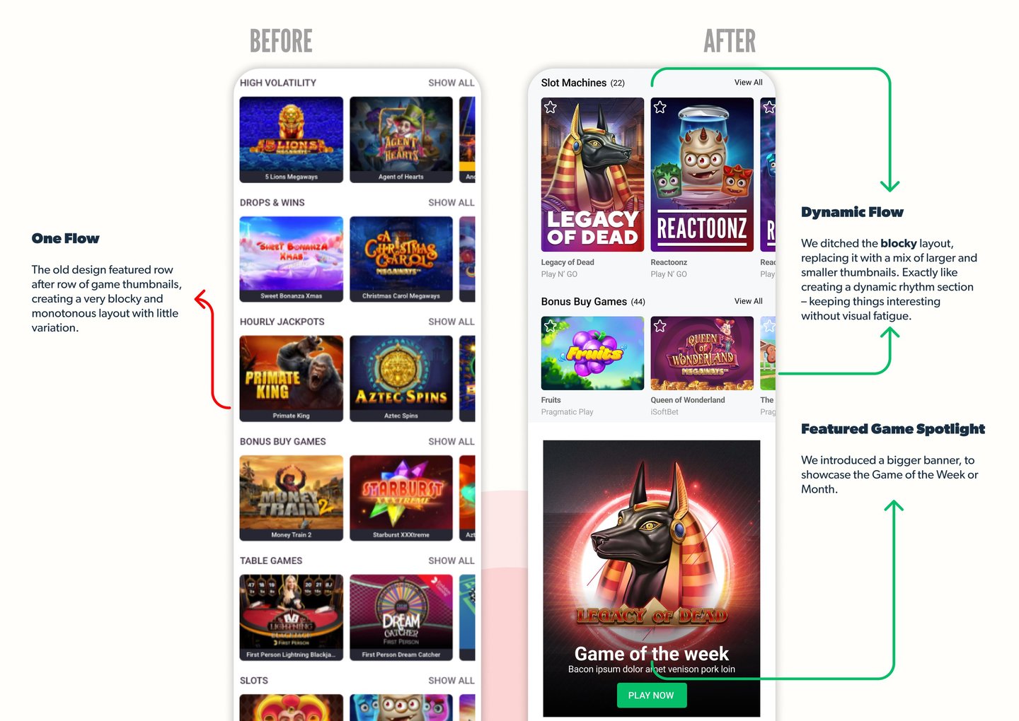 Guts casino list before/after—blocky rows replaced by mixed thumbnail sizes and a featured game