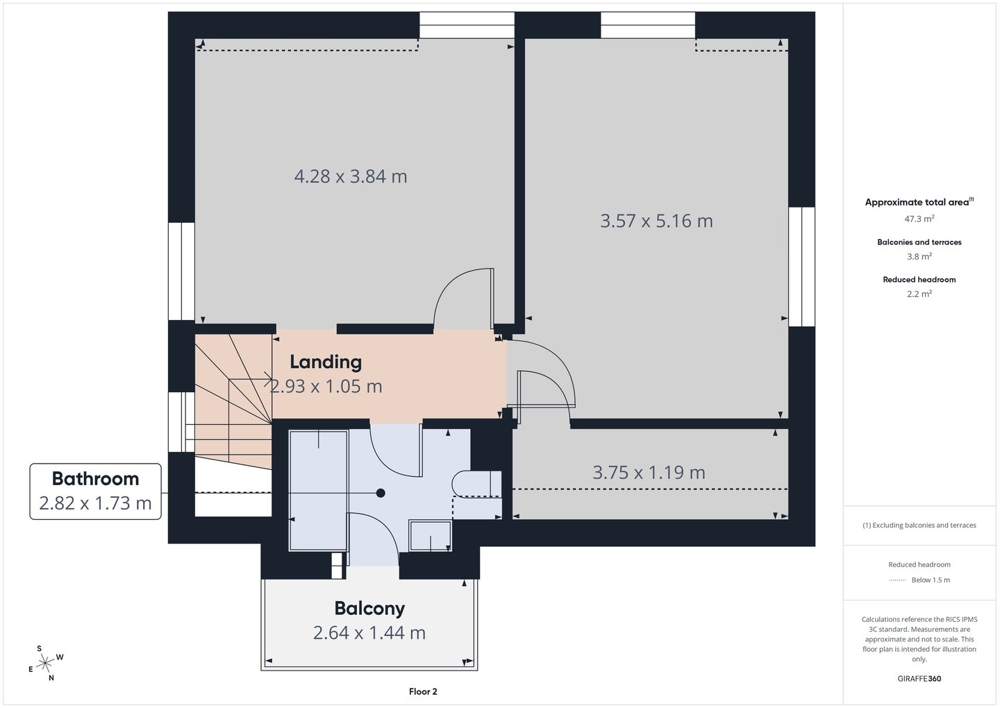 A detailed 2D real estate floor plan of the second floor showing a bathroom, balcony, and landing with room dimensions.