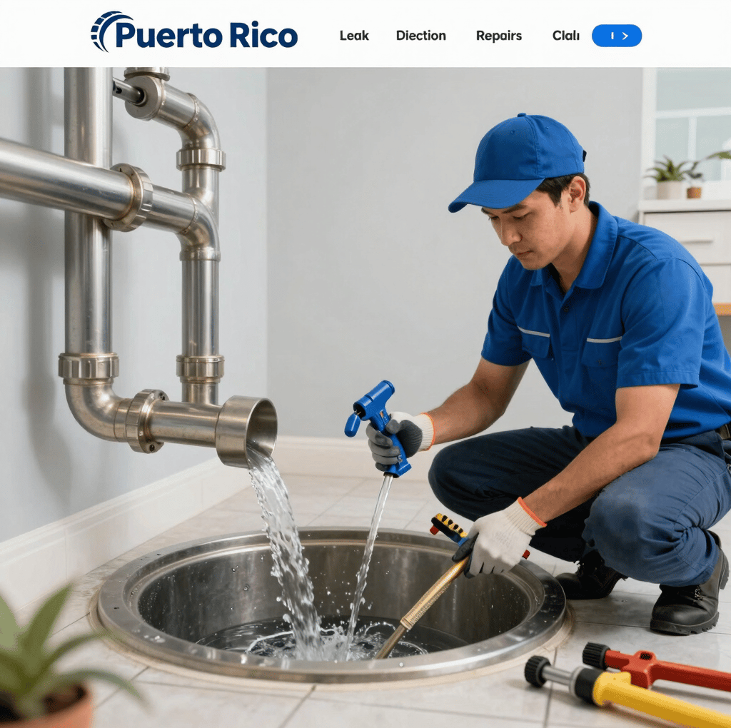 Professional plumbing service technicians repairing pipes and cleaning drains in a kitchen setting.