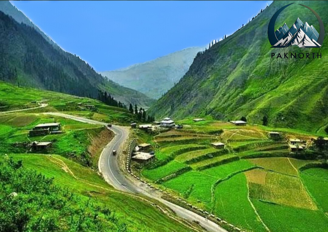 a mountain view of a road and Himalayan mountain range from kaghan valley