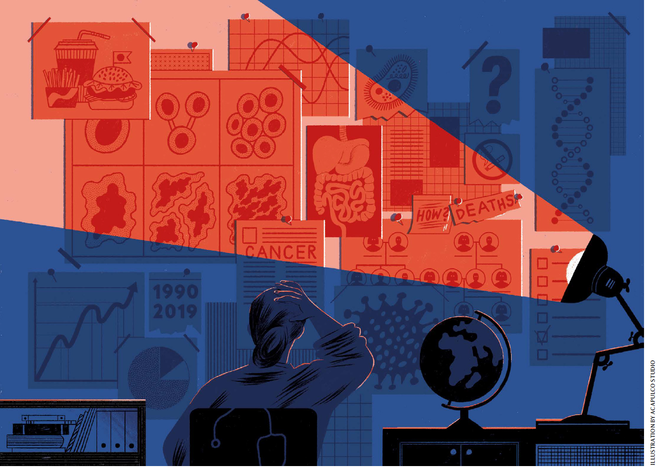 a man sitting at a desk with a globe in the background