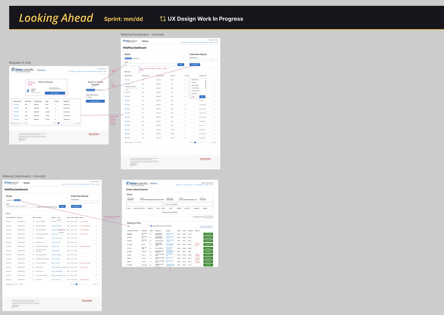 UX design wireframes for a Fisher Scientific web requisition dashboard concept showing work in progress.