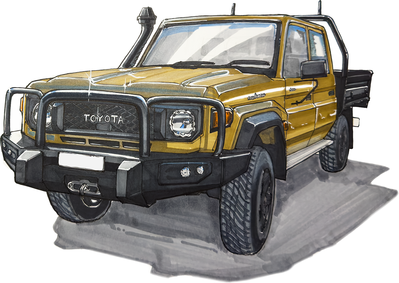 Hand-drawn illustration of a yellow Toyota Land 4x4 with a snorkel and bull bar.