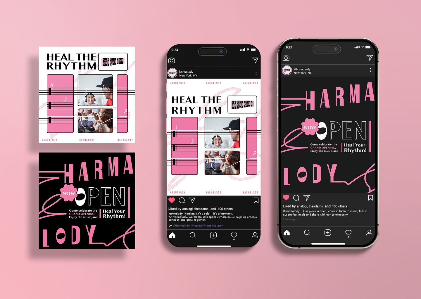Social media marketing for Harmalody music brand featuring pink and black grand opening designs.