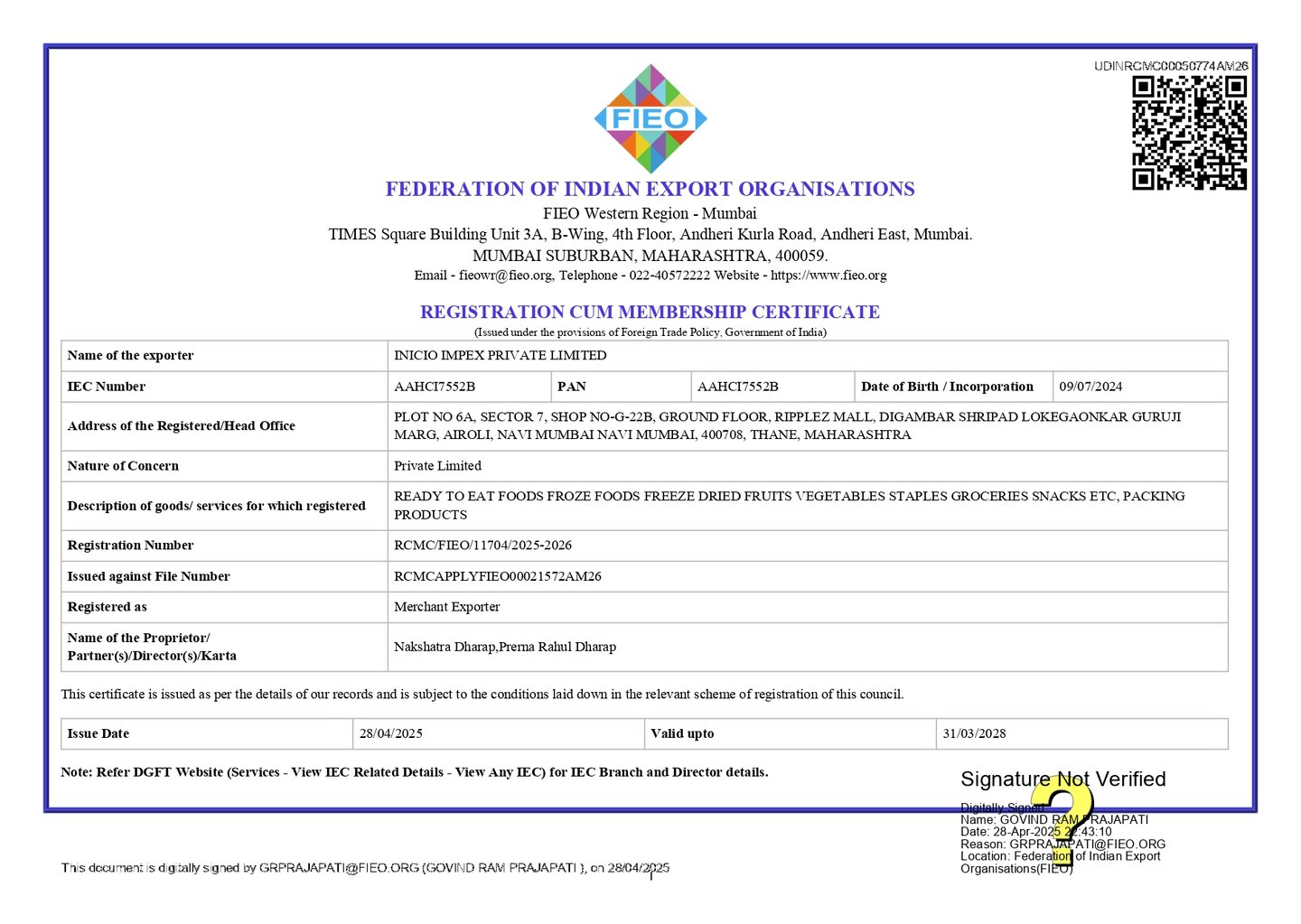 FIEO RCMC certificate Mumbai India Export ready