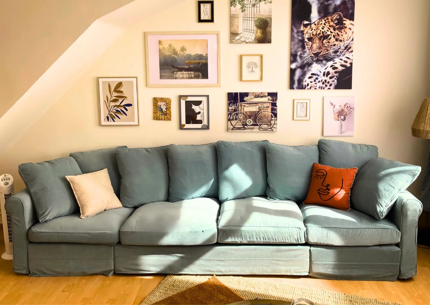 Comfortable sofa in bright living room of professional accommodation after work