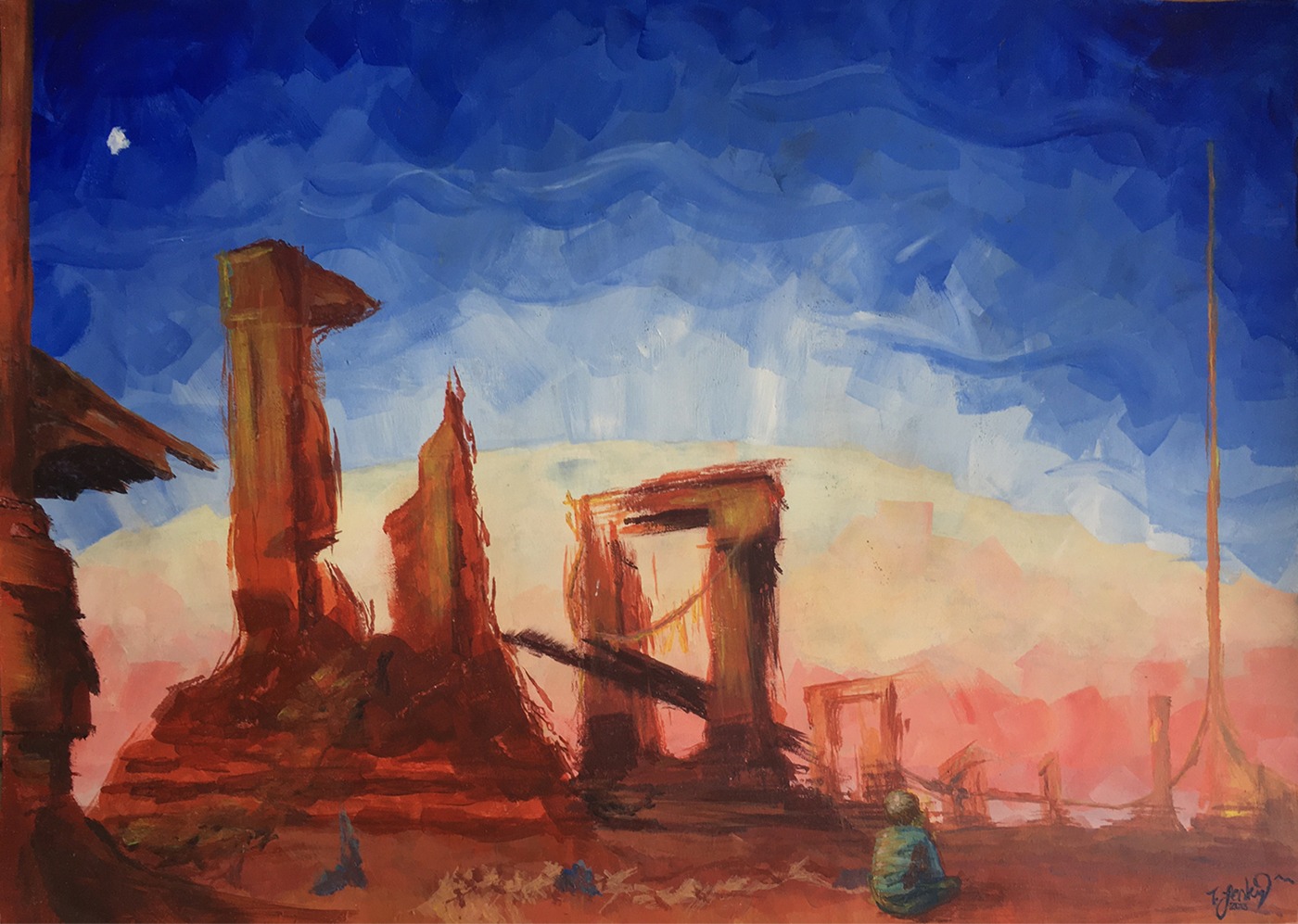 acrylic fantasy art painting of a young boy in a desolate Arizona landscape in terracotta.