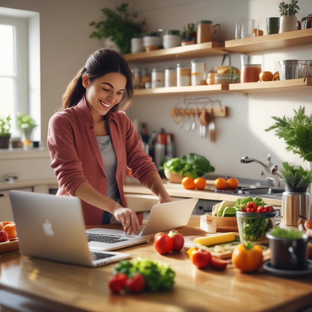 A serene workspace with a laptop, a notebook, and a small plant on a wooden desk bathed in natural light.