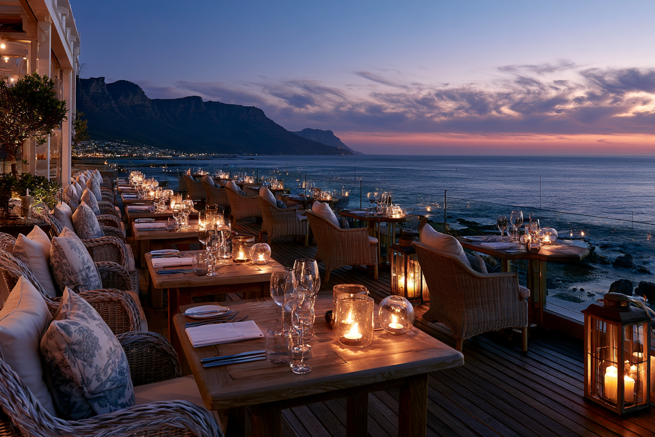 Luxury seaside restaurant at sunset with candlelit tables overlooking the ocean and mountains.