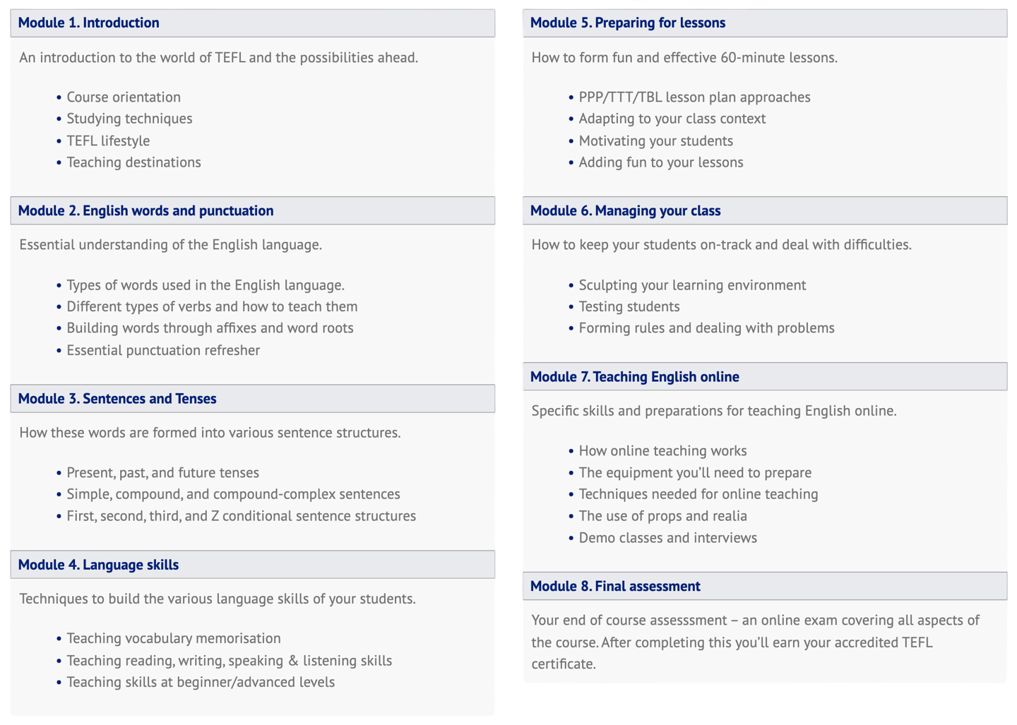 10 module headings and their content, for a TEFL course.