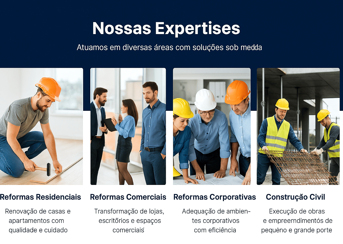 Estrutura institucional do site da RM Construções com foco no cliente e serviços.