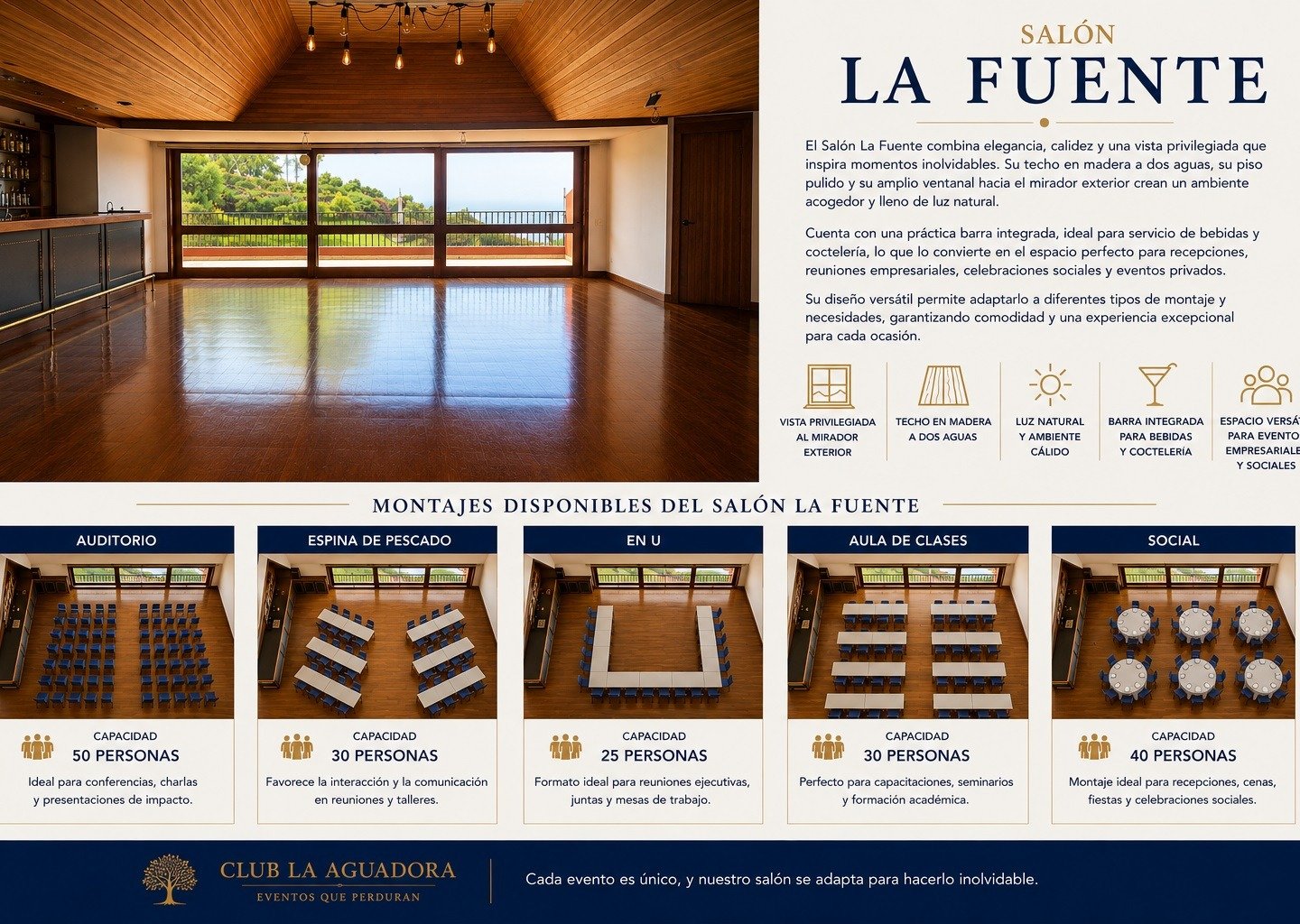 “Interior del Salón La Fuente de Club La Aguadora en Bogotá, un espacio exclusivo para eventos