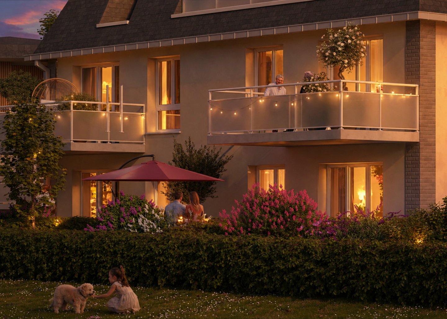 Terrasse résidentielle avec éclairage chaleureux en soirée