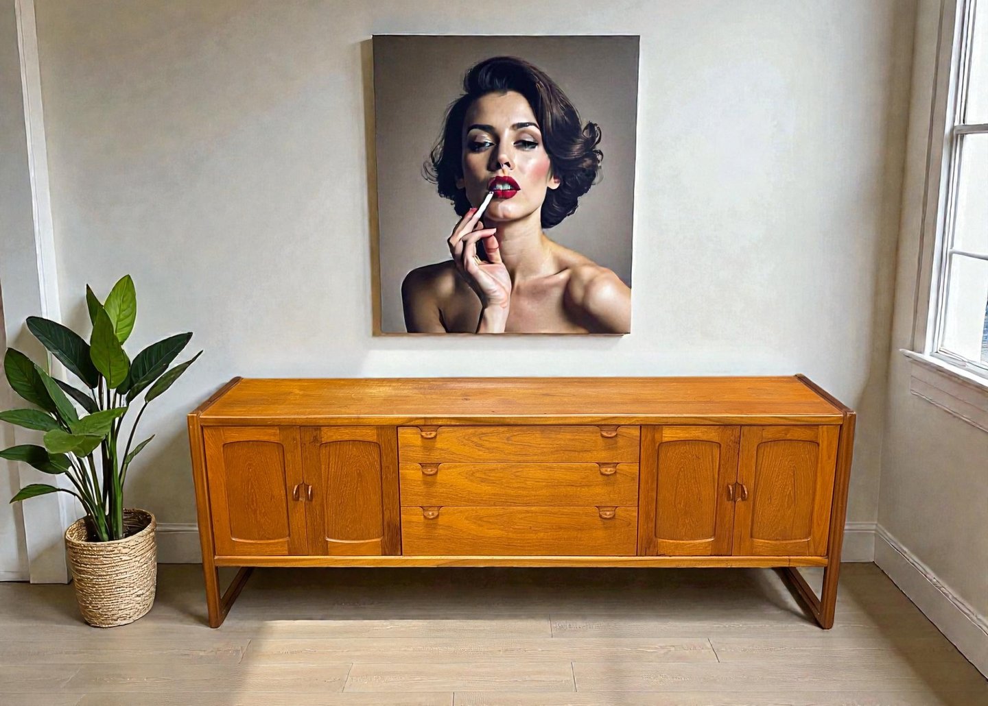 Large Nathan Mid-Century Modern teak sideboard, vintage 1970s MCM storage cabinet with clean lines, perfect for retro or cont