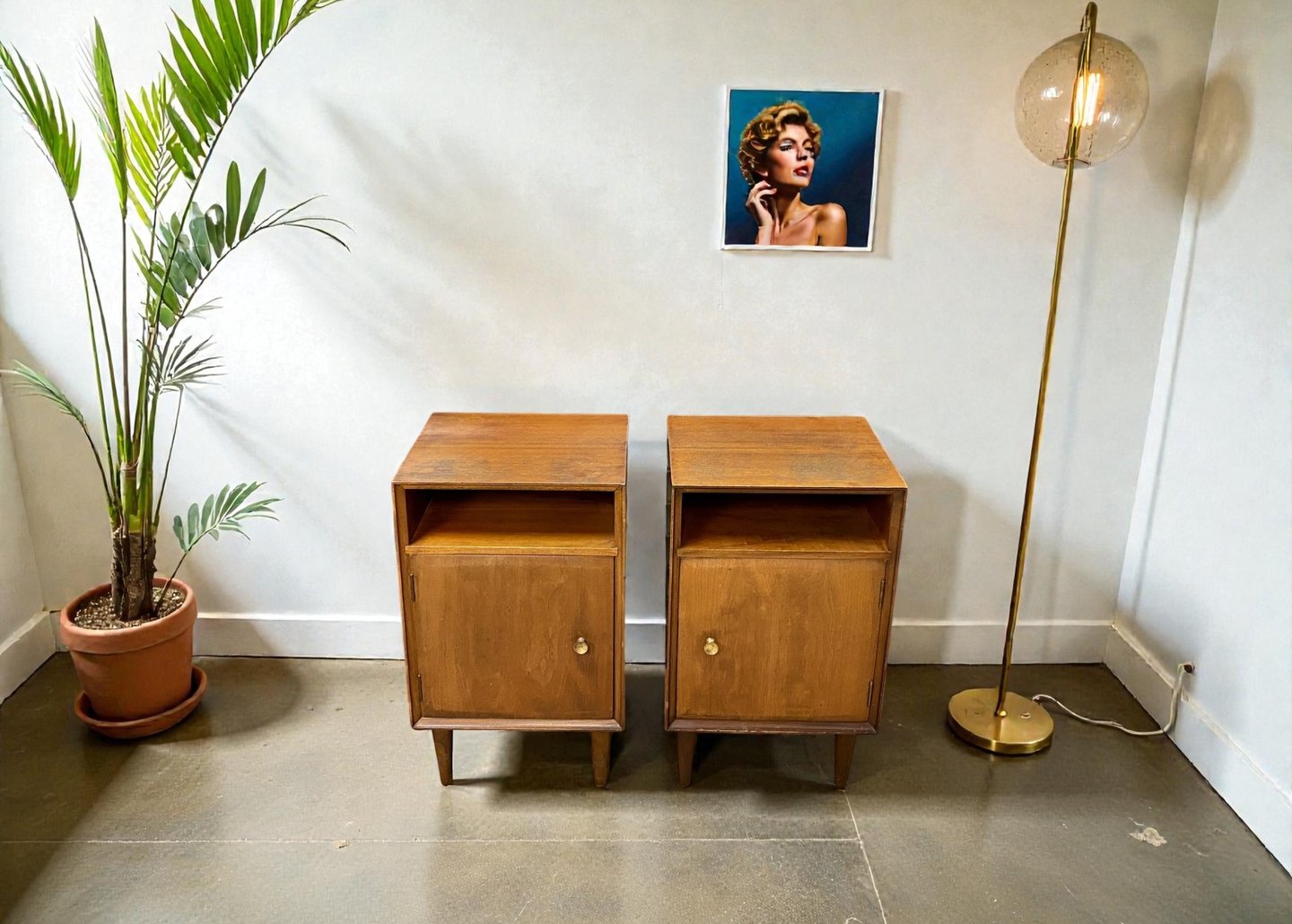 Pair of Meredew Mid-Century Modern teak bedside tables, vintage 1960s–70s MCM nightstands with storage drawers, stylish retro