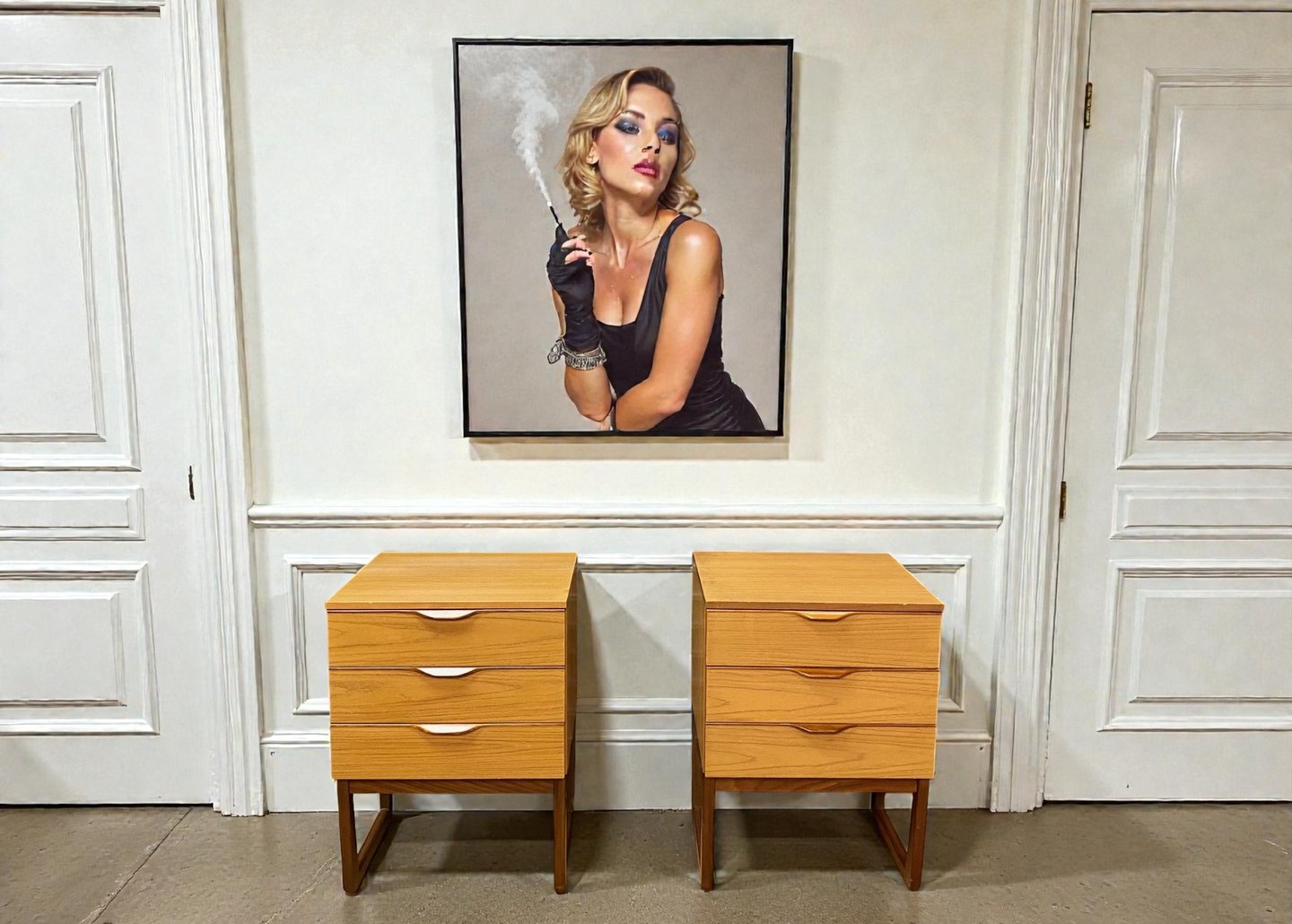 wo Europa mid-century bedside tables with clean modern lines and elegant vintage design