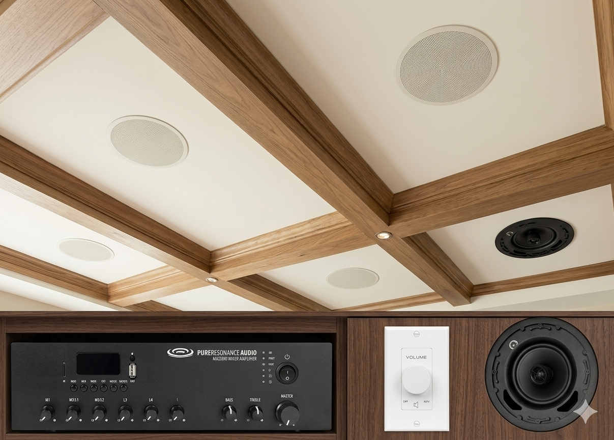 Russound speakers installed in ceiling with example of volume nob for residential