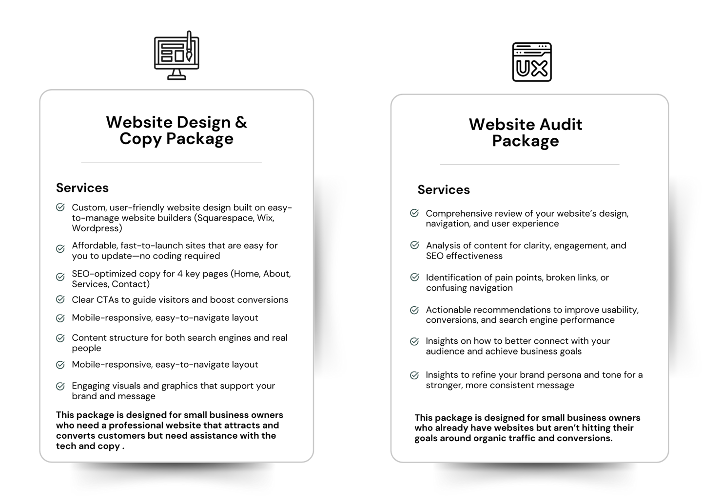 Image of website packages. One is a website design and copy package. The other is website audit.