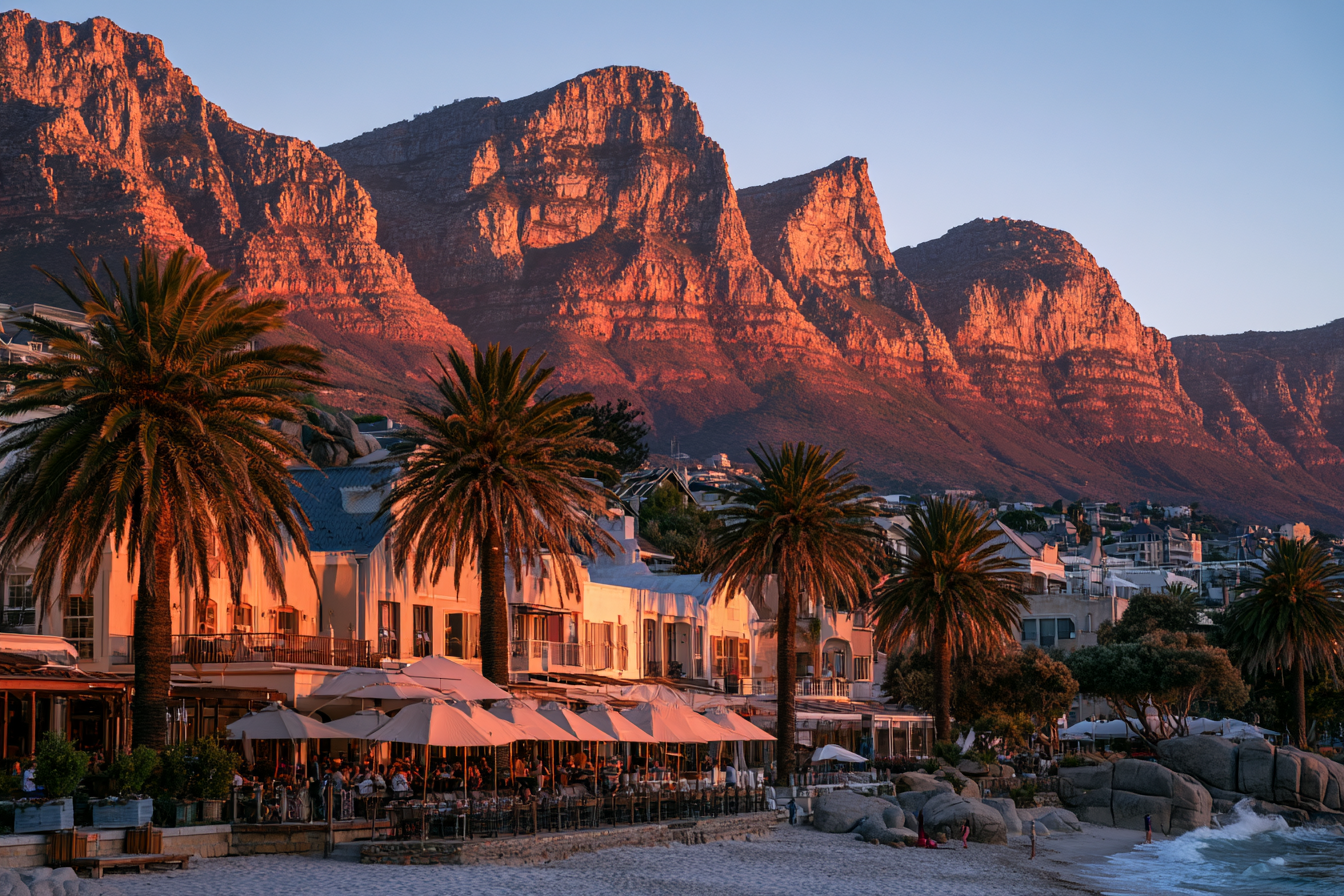 Camps Bay beach restaurants and palm trees at sunset with the Twelve Apostles mountains in Cape Town.