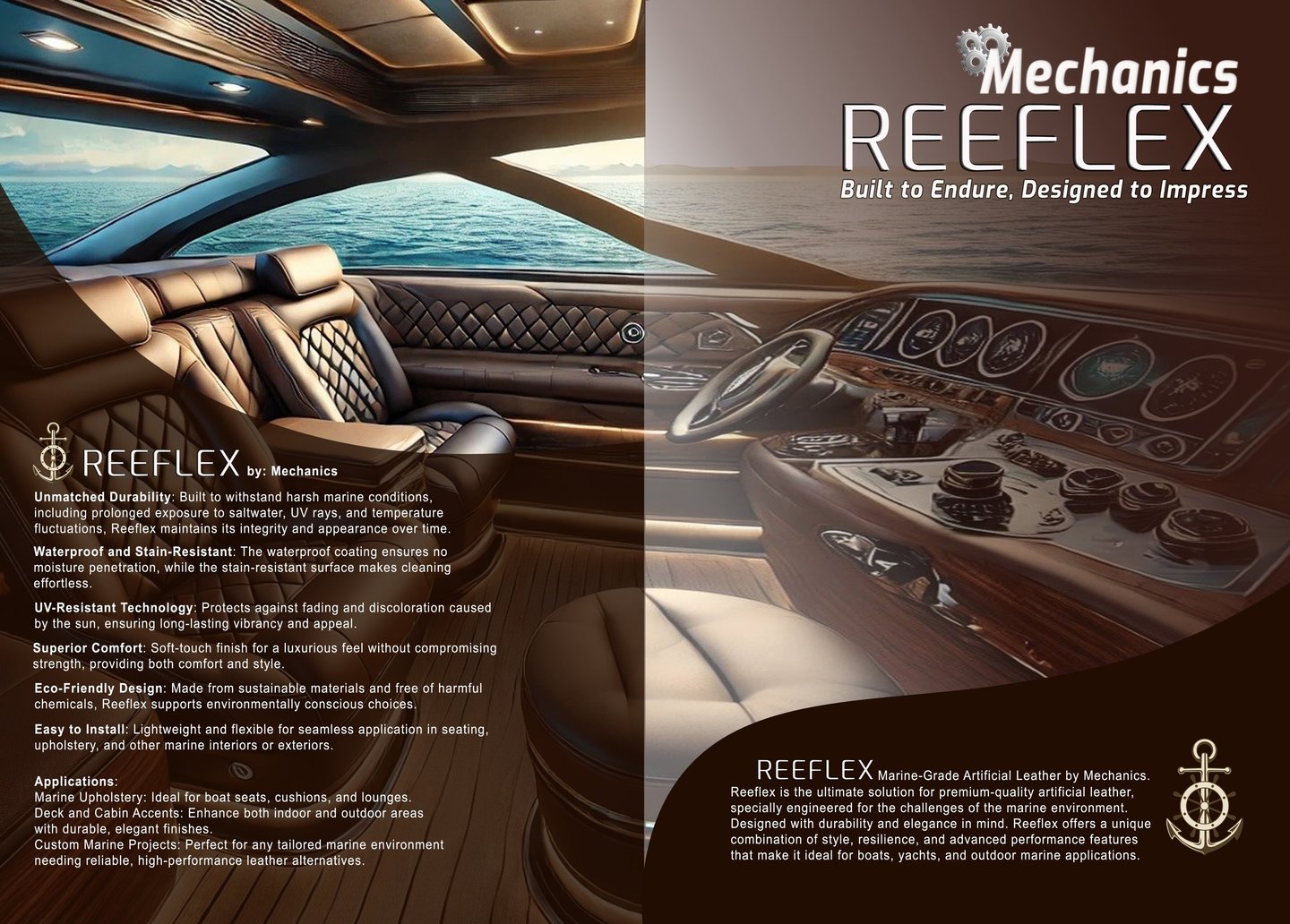 Luxurious yacht cabin seating Reeflex marine-grade artificial leather upholstery