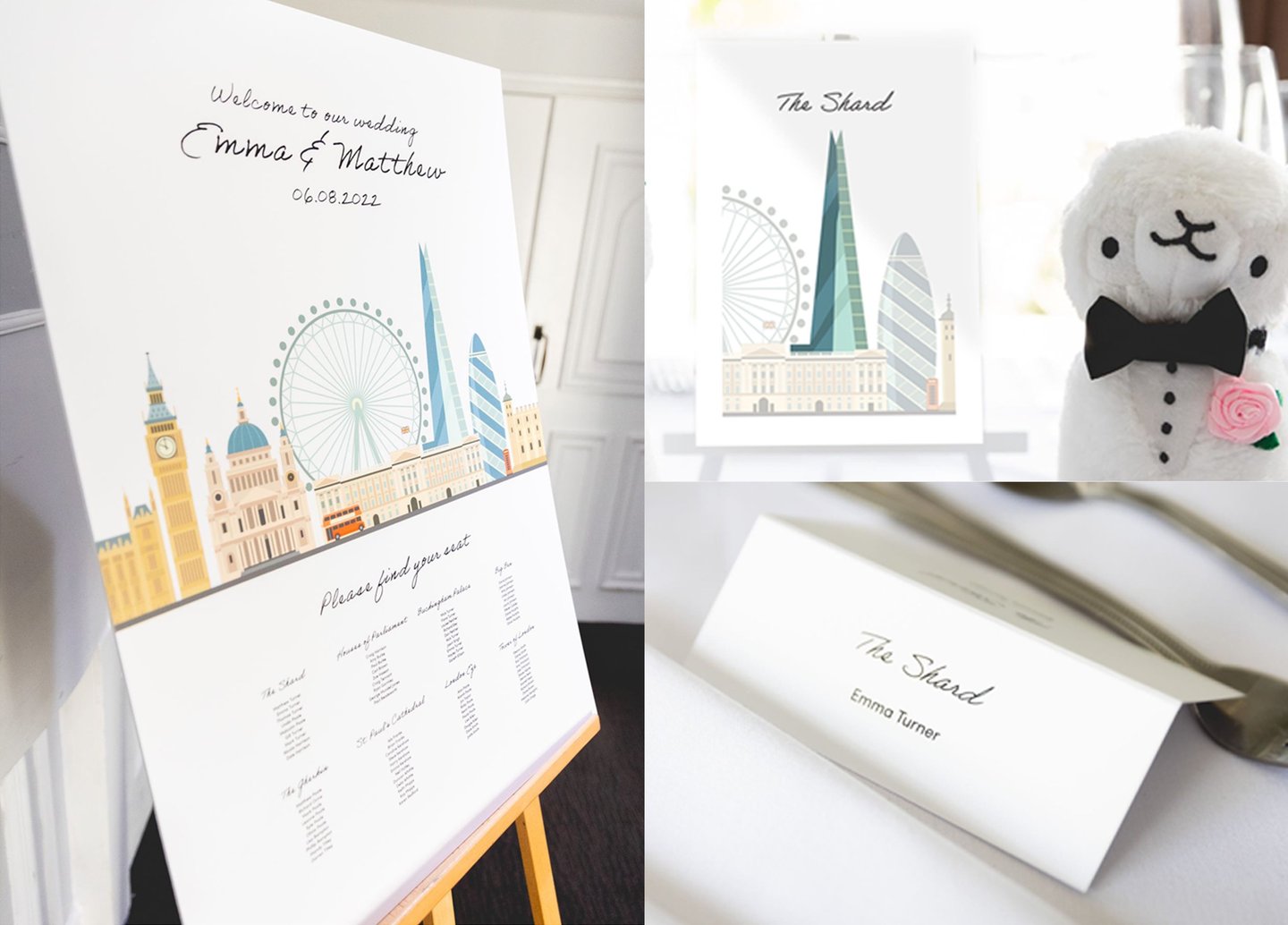 Wedding seating plan with table names and place names for guest seating