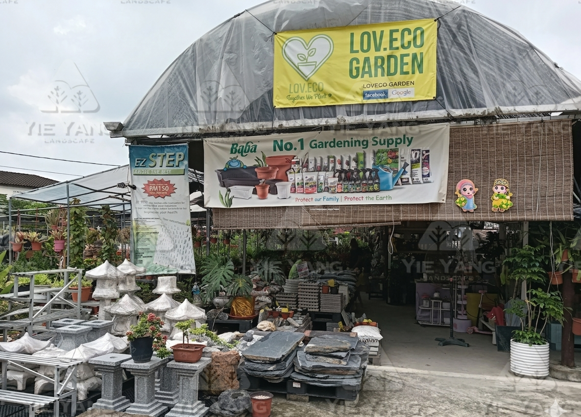 Garden nursery store with plants, stone lanterns and gardening supplies – Yie Yang Landscape