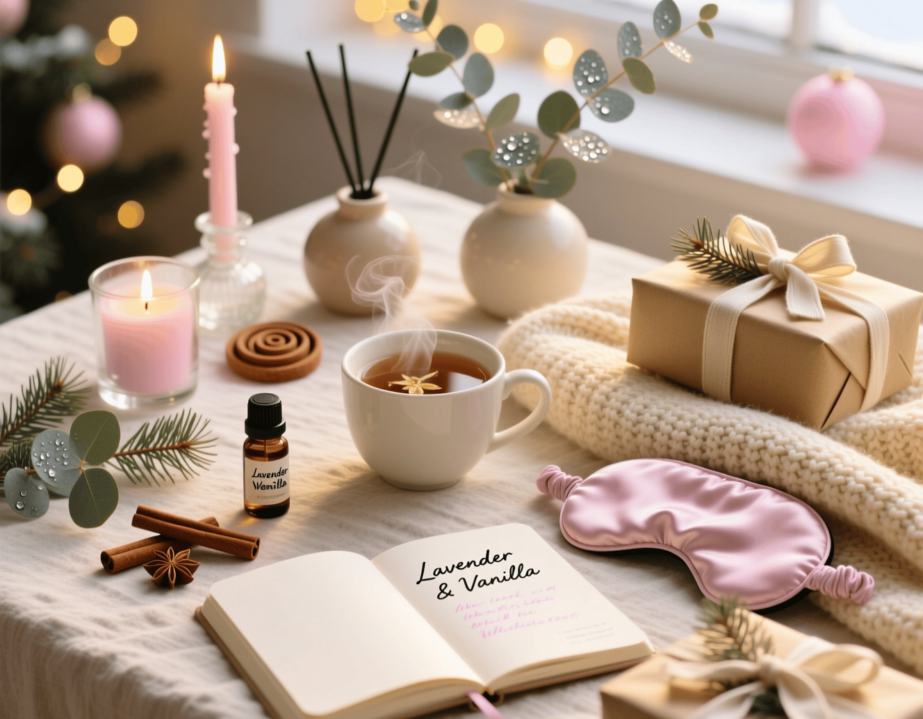 Une table avec un livre, une tasse de café et un carnet