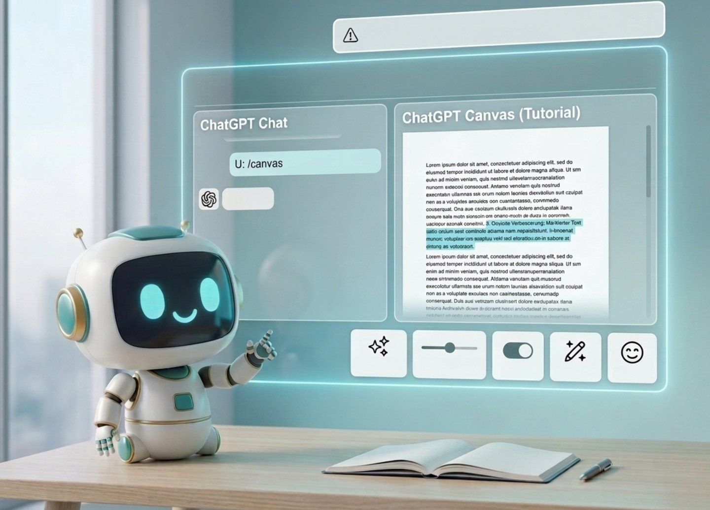 Kleiner 3D-Roboter erklärt ChatGPT Canvas an einem geteilten Hologramm-Screen mit Text-Werkzeugen
