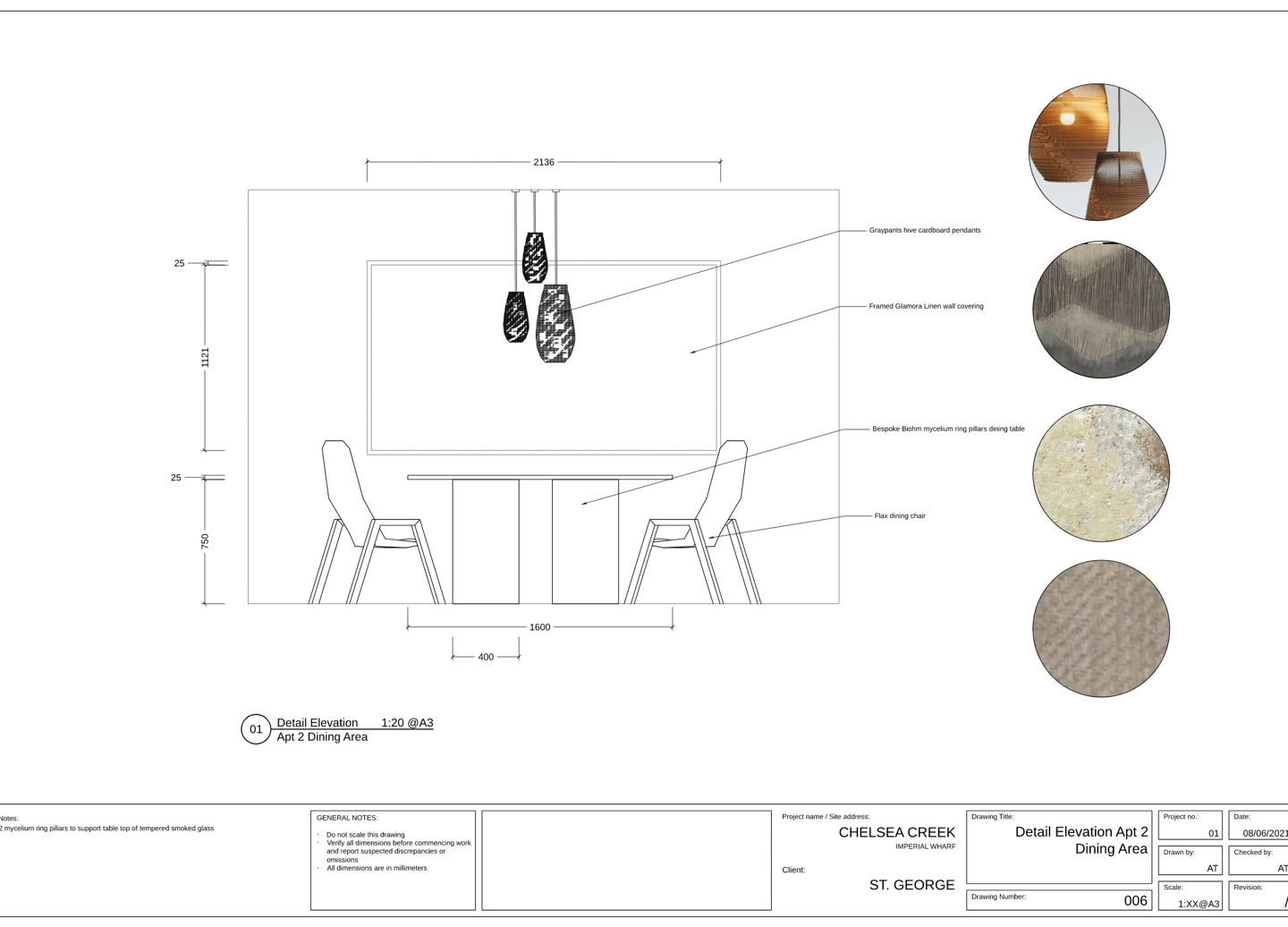Technical drawing of an elevation of a dining room with surface finishes