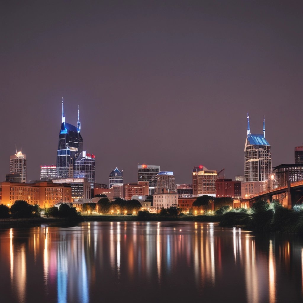 A vibrant night view of Nashville, Tennessee, showcasing illuminated buildings.