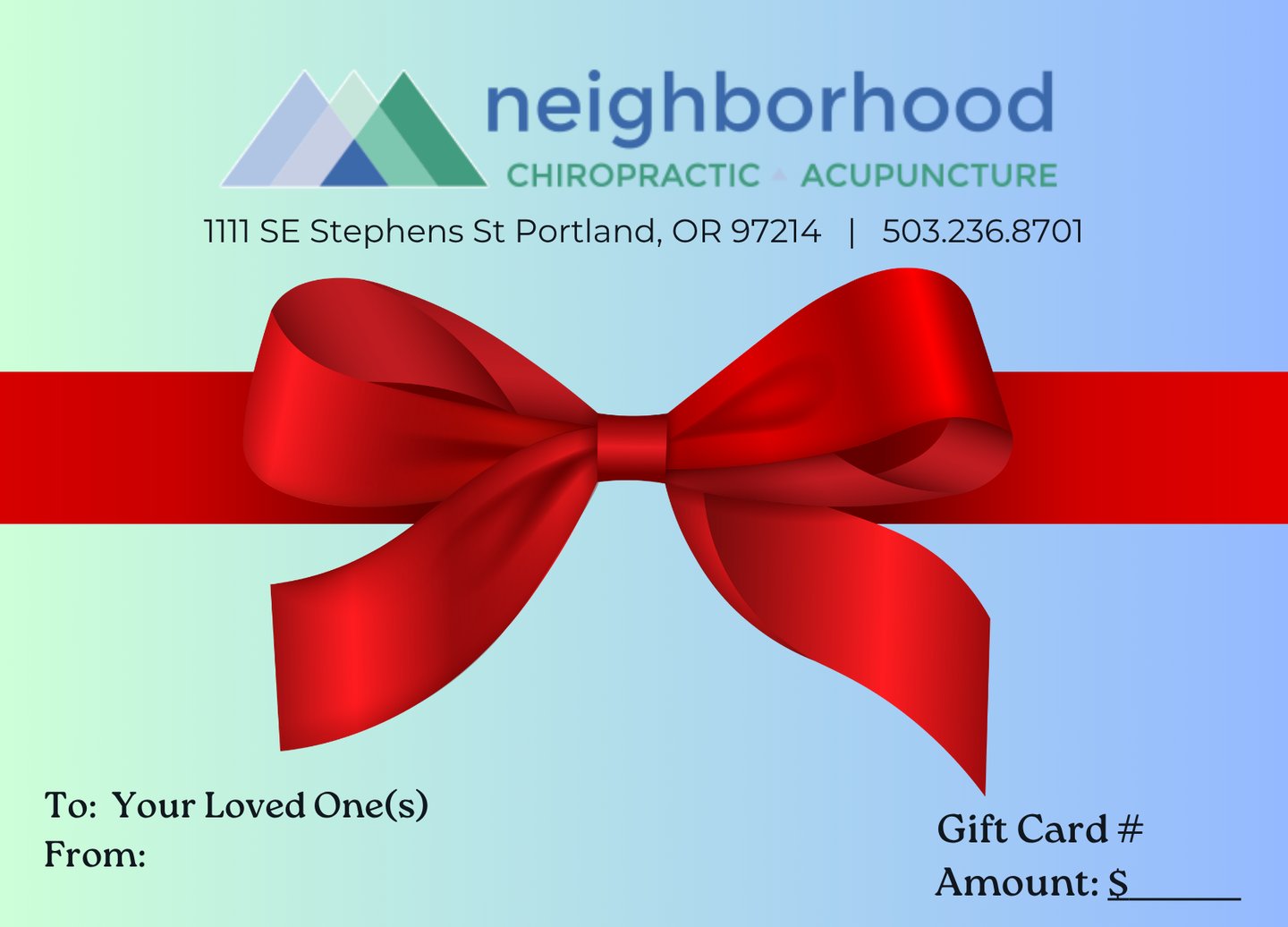 a gift card with a red ribbon with clinic logo