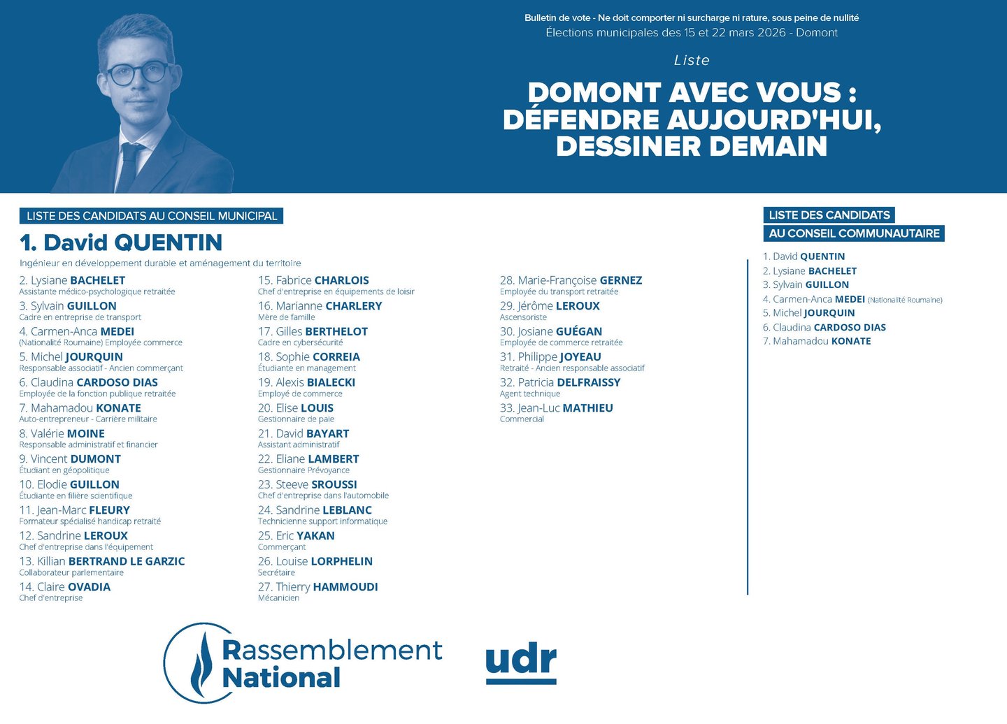 Bulletin de vote officiel de la liste Domont avec vous, menée par David Quentin, municipale 2026