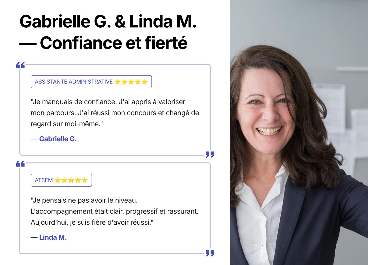 Femme souriante à côté des témoignages de clients pour des programmes de formation