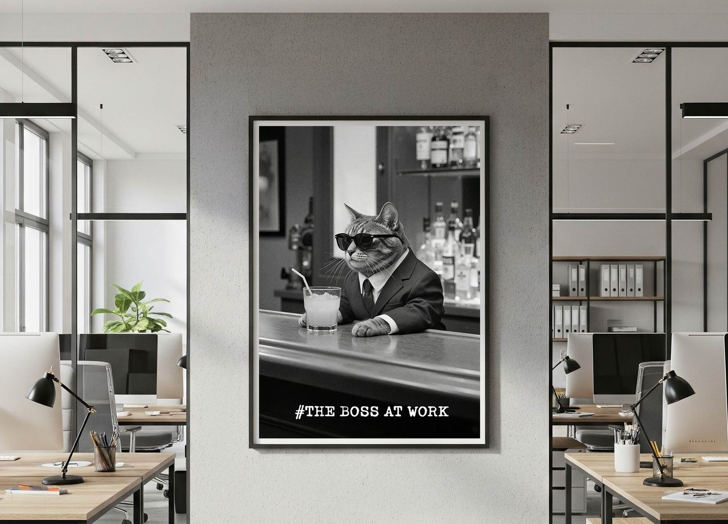 a stylish black and white poster of a business cat in office suit wearing glasses sitting in a bar